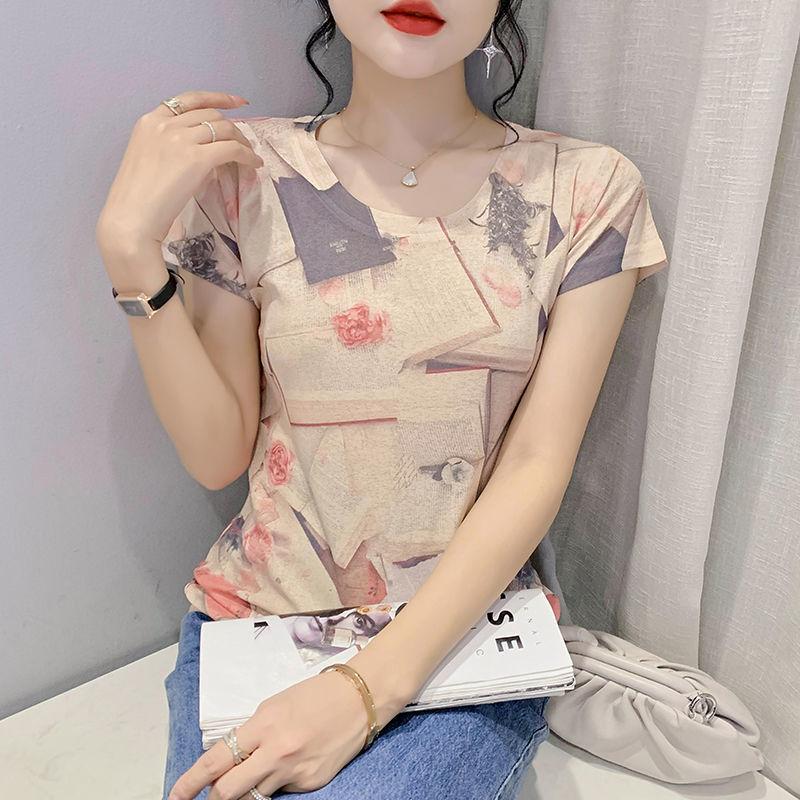 Creative Printed Short Sleeved T-shirt for Women's Summer Wear New Fashionable European Design Slim Fit and Western-style Letter Half Sleeved Top