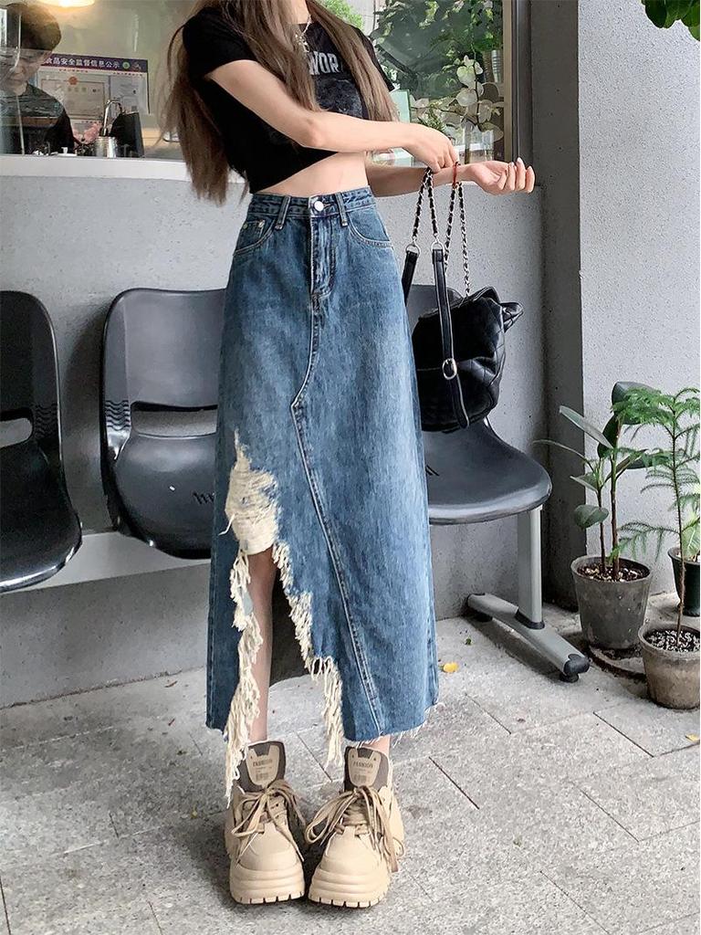 Plus Size High Waist Ripped Denim Midi Skirt - Summer Slimming A-line with Irregular Slit
