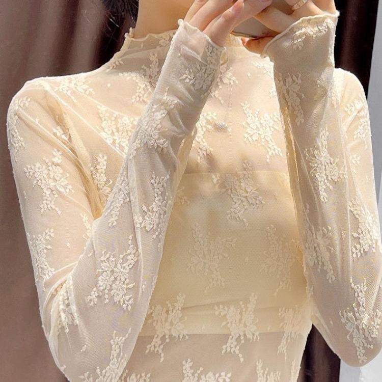 T-shirt in Rete Trasparente da Donna Manica Lunga Collo Alto Top Trasparenti Pizzo Crop Slim da Donna T-shirt in Seta