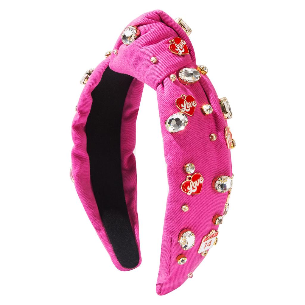 New Creative Sweet Knotted Wide-Edge Headband Women Alloy Heart LOVE Letter Accessory Diamond-Encrusted Hairpiece High