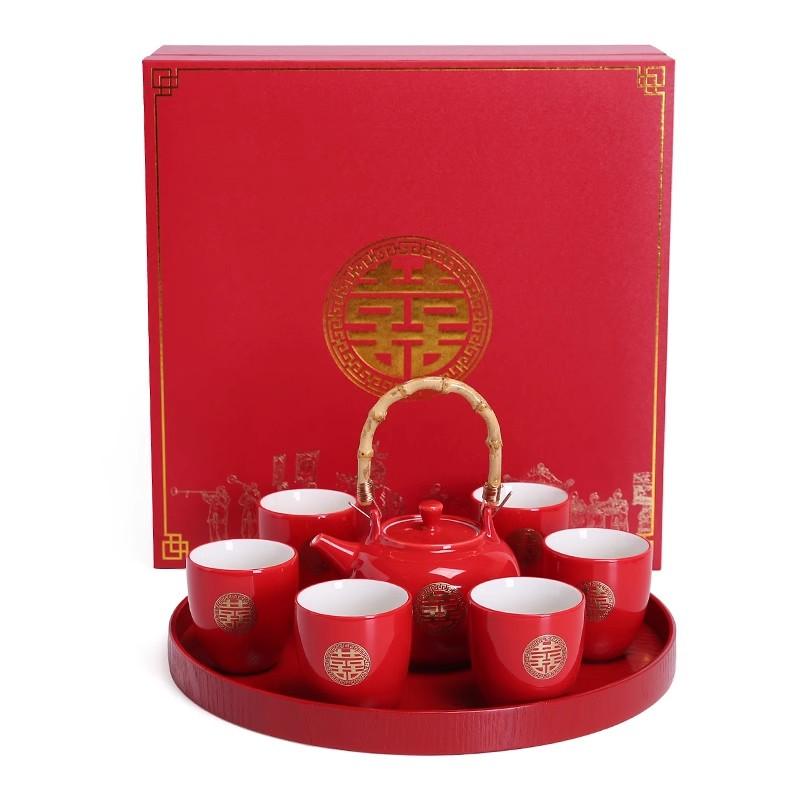 New Chinese Wedding Tea Set Red Ceramic Gifts for Couple Traditional Marriage Ceremony Tea Cups Bridegroom Bride Accessories