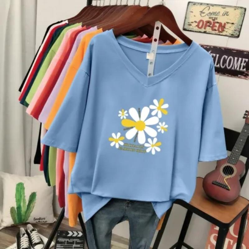 Short-sleeved T-shirt for Women, Large Size, Loose and Slimming, Printed V-neck Top