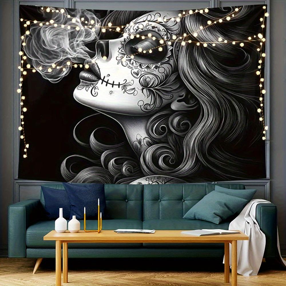 Day of the Dead Sugar Skull Woman Wall Tapestry Black and White Art Boho Bedroom Decor Halloween Theme Hanging Art