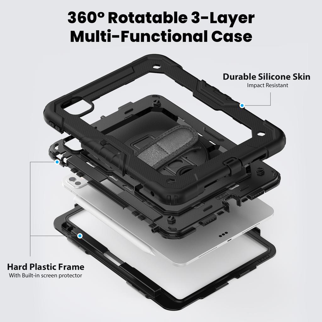 For iPad Pro 11 (2024) Case PC+Silicone Tablet Cover with Screen Protector Pencil Holder