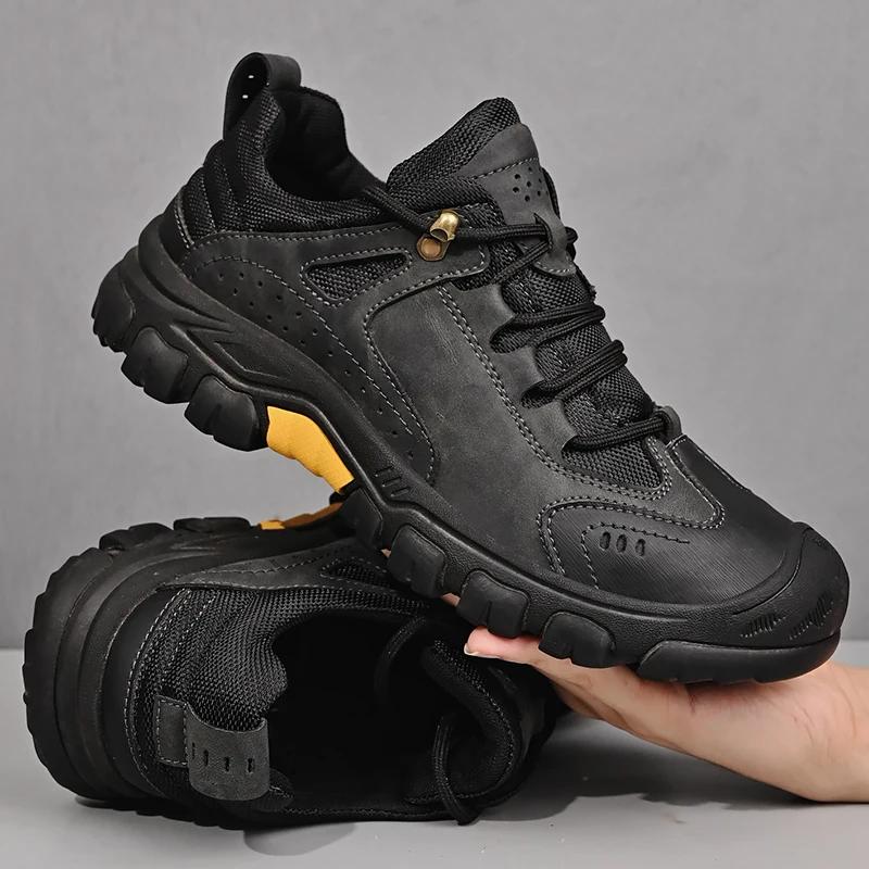 Fashion Outdoor Soft Sole Lace Anti-collision Camping Hiking Shoes Men Genuine Leather Sports Man Casual Shoes Walking Climbing Ootwear