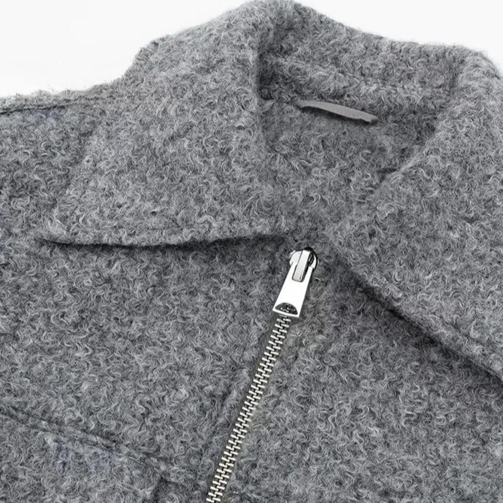 \Women Fashion with Pockets Grey Front Zipper Jackets Vintage Lapel Neck Long Sleeves Female Chic Lady Outfits