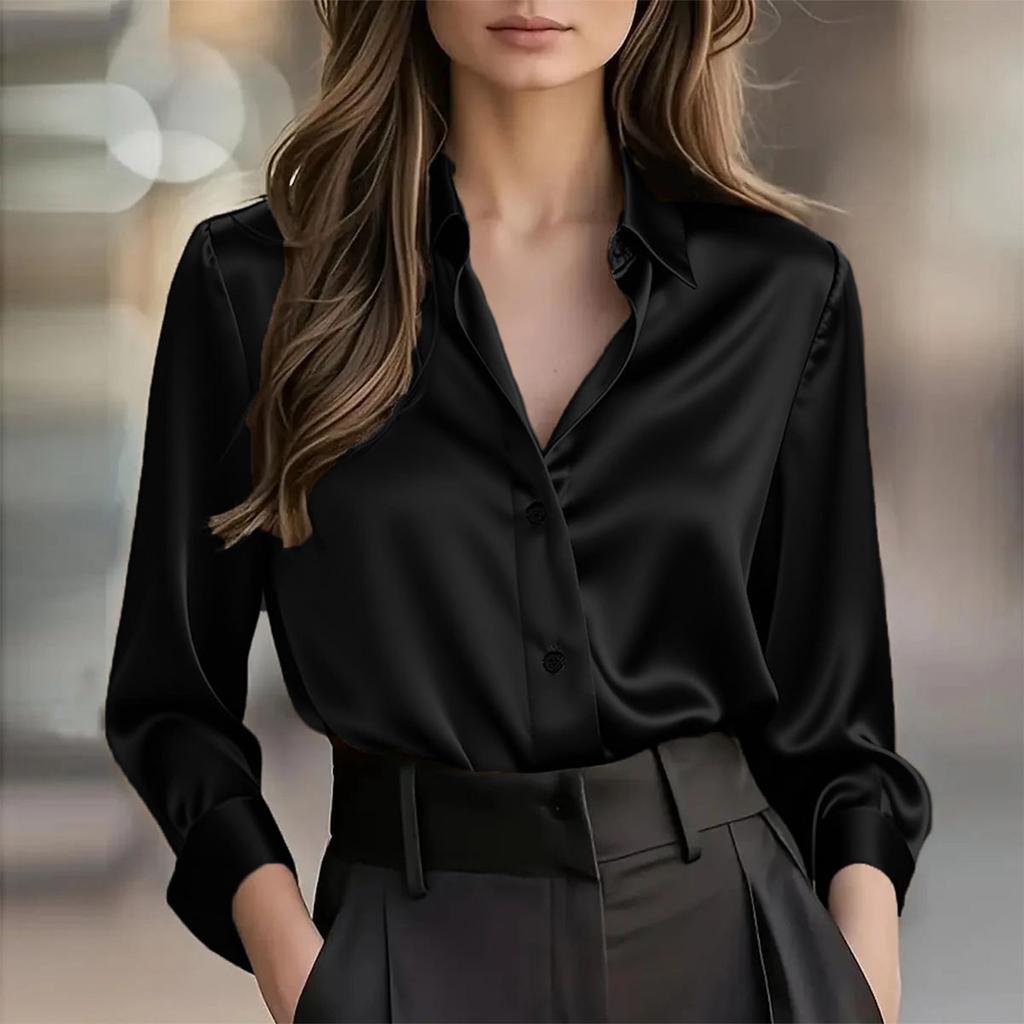 Women's Fashion Casual V-neck Solid Color Temperament Shirt Female Button Shirt Long Sleeve Ladies T-shirt Top