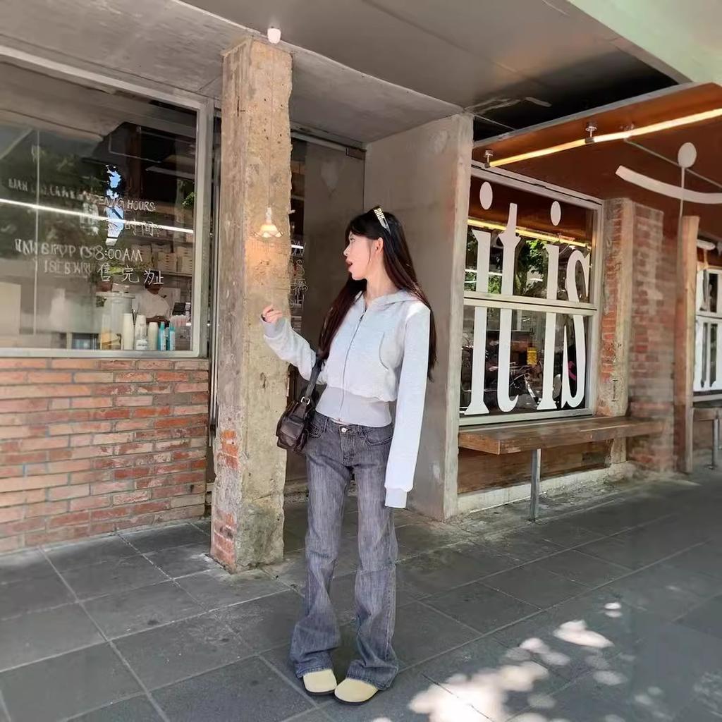 Grey Hooded Zipper Jacket Women's Autumn Korean Version Small Short Cardigan Casual Korean Versatile Sweater