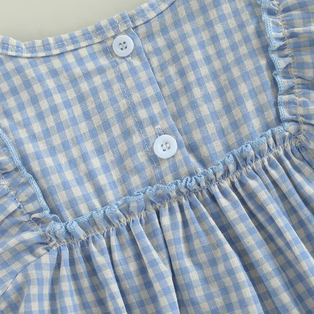 Baby Girl 2Pcs Summer Outfits, Short Puff Sleeve Plaid Print Romper with Headband Set