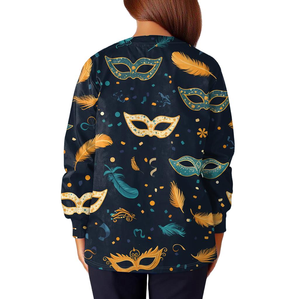 Women's Casual Fashion Long Sleeve Standing Collar Single Breasted Carnival Print Workwear Jacket Tops