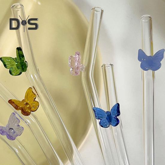 Glass Reusable Straw Colorful Butterfly Design Glass Straw Heat-Resistant Transparent Borosilicate Straws
