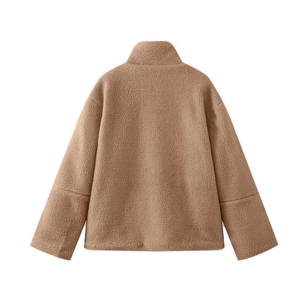 Herbst Winter Damen einfarbiger lässiger Stil hoher Kragen Sherpa Mantel, warme lockere Lammwolle Oberbekleidung für Damen