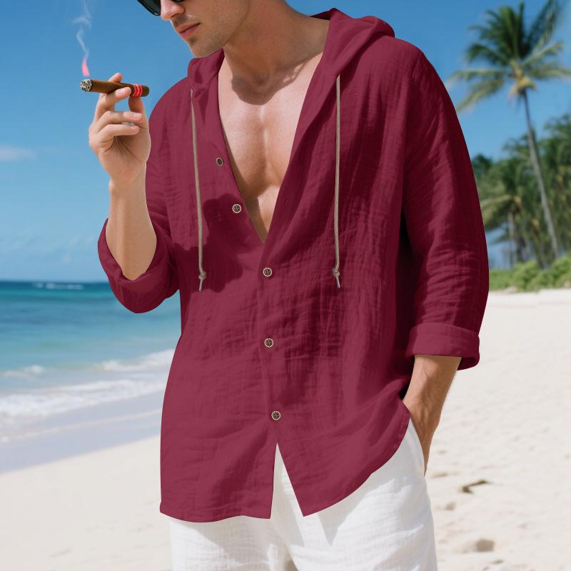 Mens Linen Hooded Long Sleeve Open Front Casual Beach Shirt