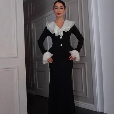 Amazon 2025 Cross-border Europe, America and Autumn New Mesh Edge Decorative Button Lotus Leaf Long-sleeved Top Hip Skirt