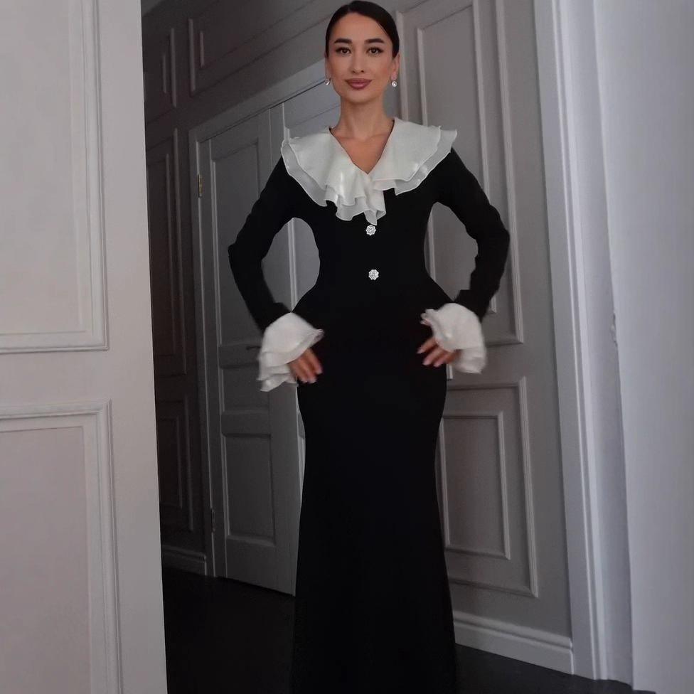 Amazon 2025 Cross-border Europe, America and Autumn New Mesh Edge Decorative Button Lotus Leaf Long-sleeved Top Hip Skirt
