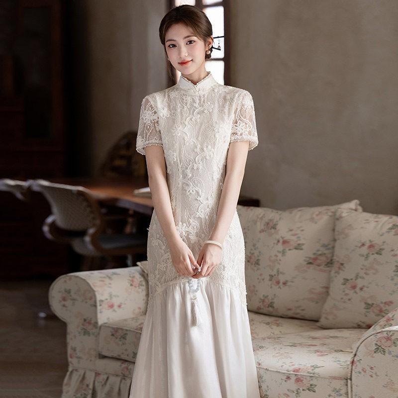 Elegant Lace Cheongsam Dress With High Collar Cap Sleeve Modern Chinese Style Long Gown Women 2026