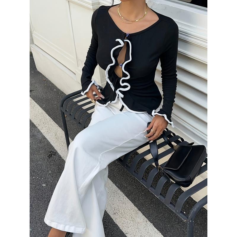 Women s Autumn/Winter Color Block Knit Top S чёрный