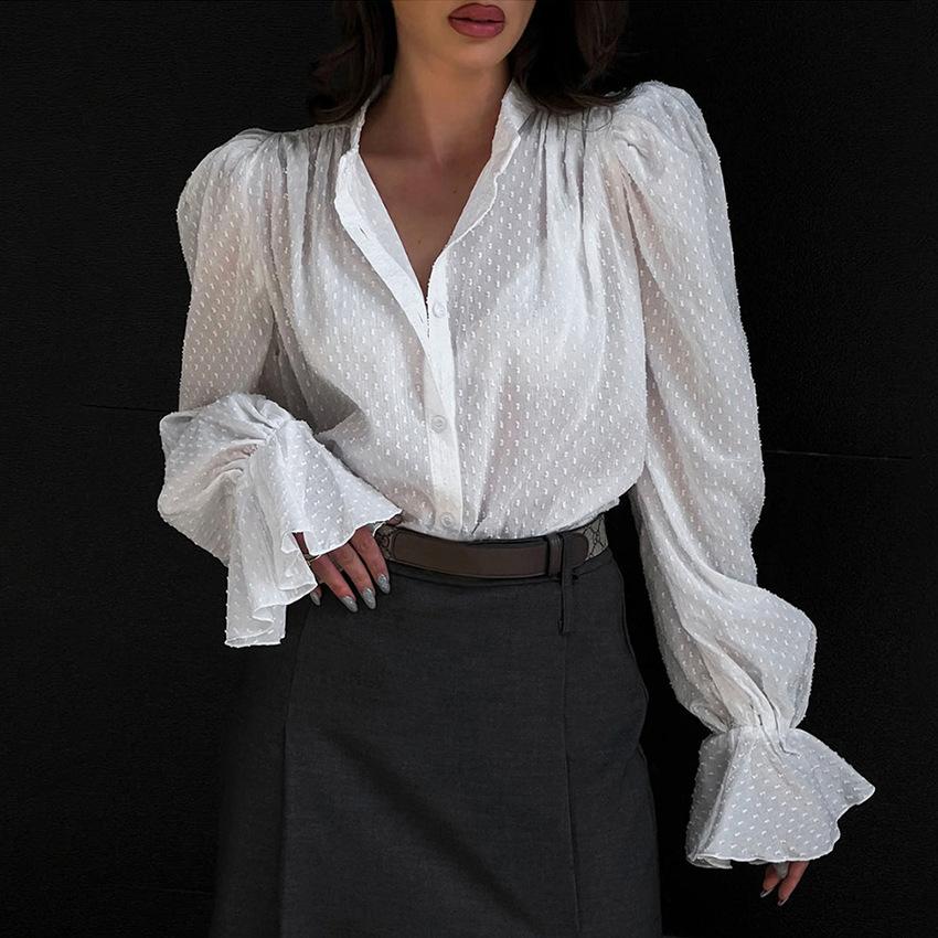 Autumn French temperament fashion jacquard chiffon shirt women's niche loose ruffle edge bubble sleeve shirt top