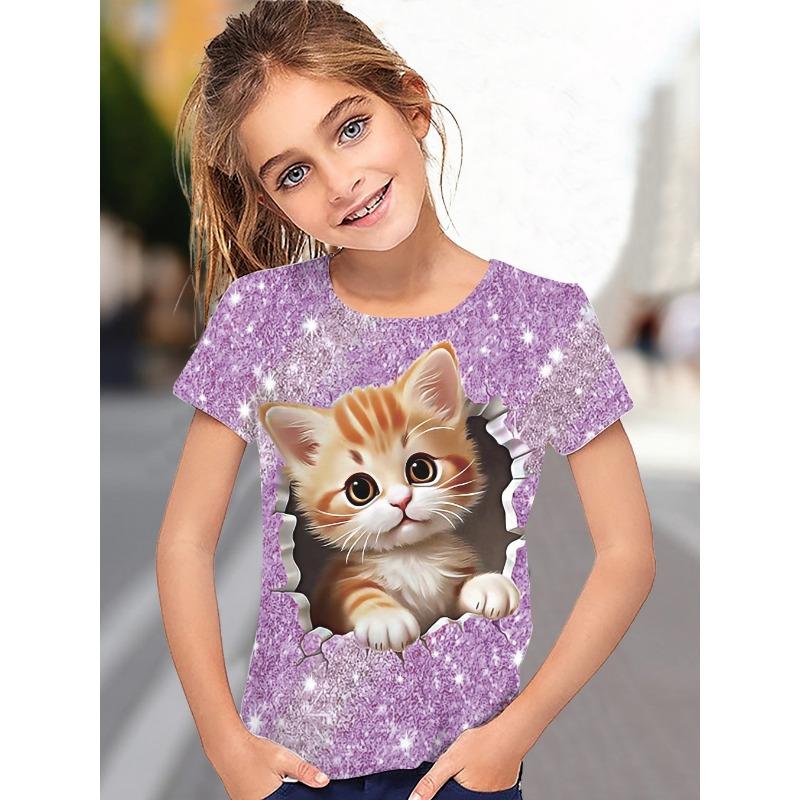 T-Shirt for Girls Cute Kitten Girls Clothes Kids T-Shirt Summer Short Sleeve Children Outdoor Sports Tops T-Shirt for Girls