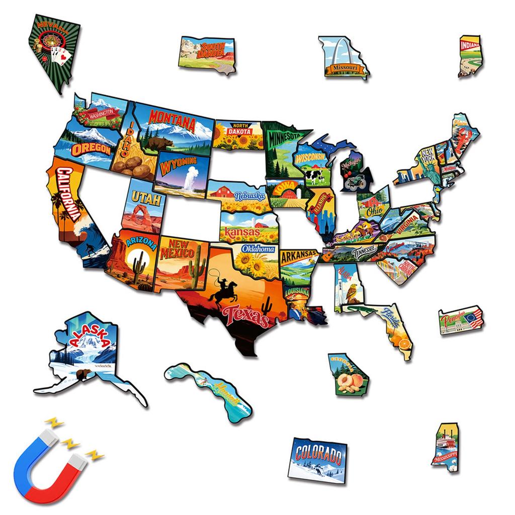 Magnetische Puzzle-Sticker mit den 50 Bundesstaaten der Vereinigten Staaten, mit Reisebezug . PVC Magnetische Puzzle-Aufkleber.