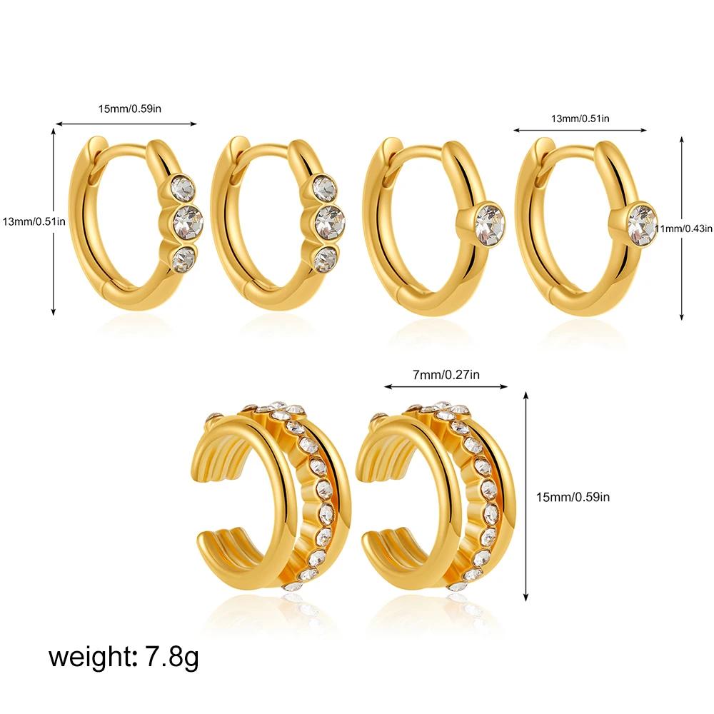 3pair/set Minimalist C-shape Earclips Shining CZ Zircon Small Circle Round Hoop Earrings for Women Girls Stainless Steel Jewelry