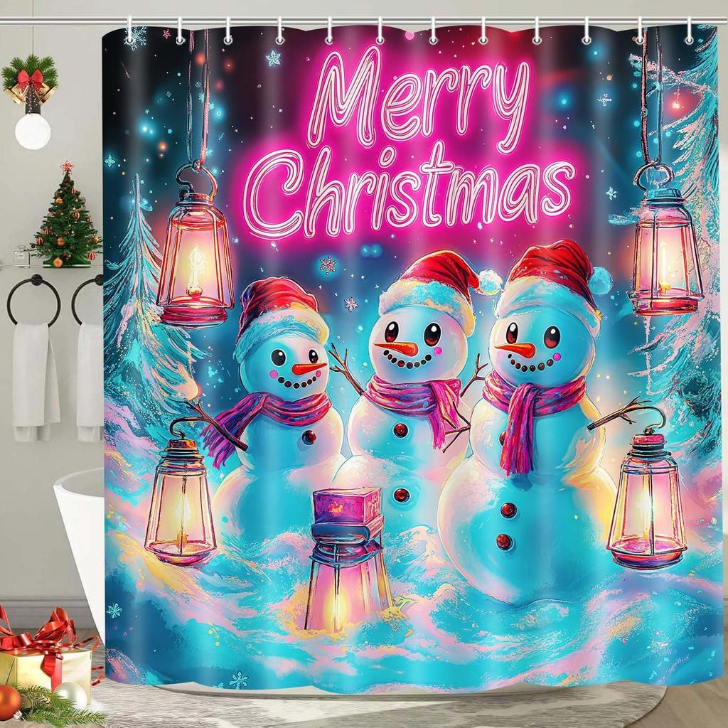 Wathon Christmas Snowman Shower Curtain Winter Snowflake Red Bathroom Set, Funny Christmas Shower Curtains For Kids,Cute Snowman