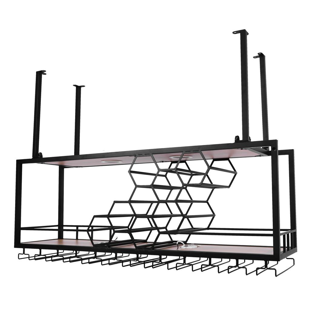 Ceiling Wine Rack with Glass Holder, Metal Hanging Bar Shelves Wine Storage Rack Display for Kitchen Bar Liquor Shelves