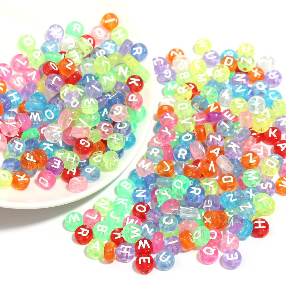 100pcs/Lot 7mm Mixed Letter Acrylic Beads Colored Transparent Round Flat Spacer Alphabet  Beads For DIY Craft Bracelet Necklace