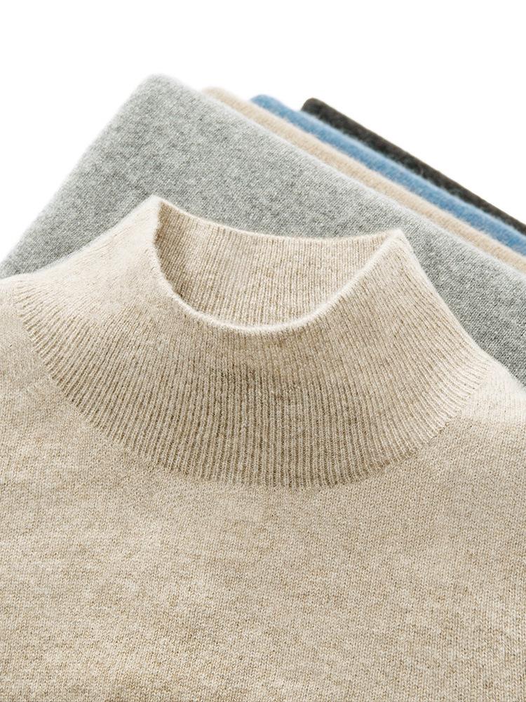 Men's Pure Wool Half-High Collar Solid Color Pullover Sweater - Loose, Plus Size, Warm Knitwear