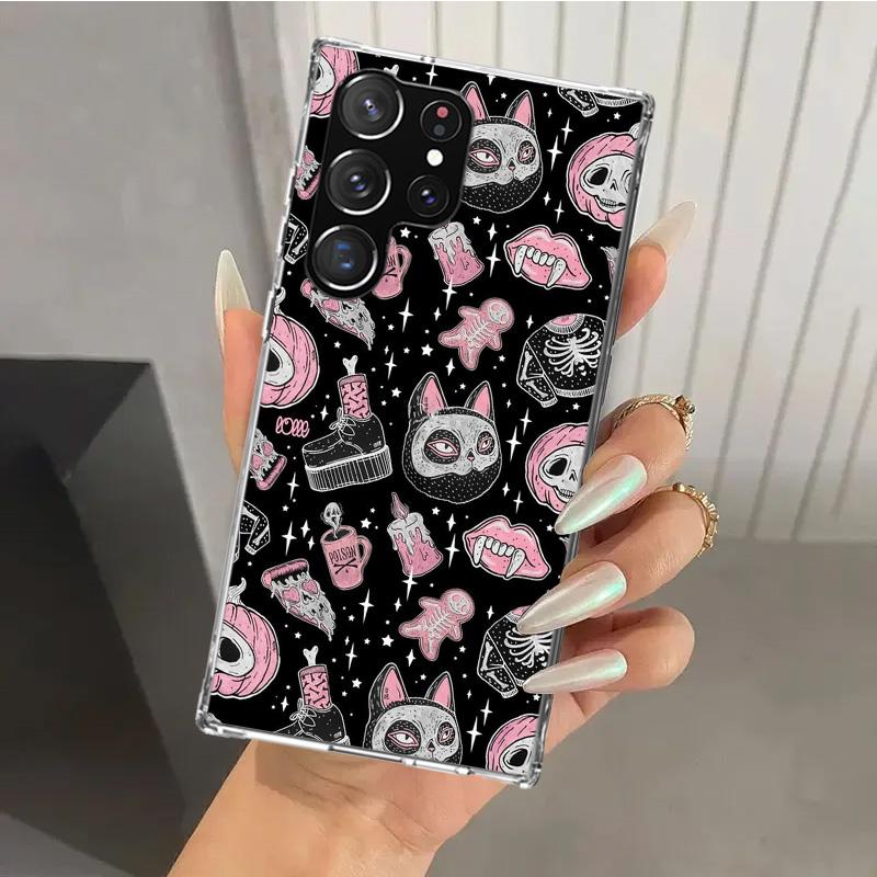 Pink Cat Skull Sorceress Witch Phone Case for Samsung Galaxy S26 S24 S23 Ultra S25 Edge S22 S21 Plus S20 FE + Soft Print Shell F