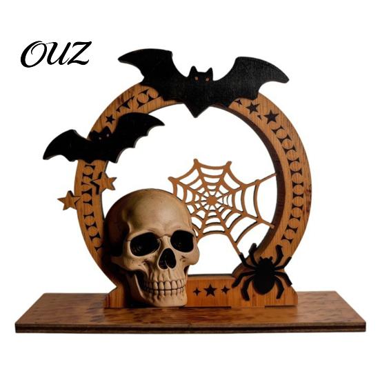 Entrance Counter Decorations Halloween Wooden Skull Ornament with Bat and Spider Web Elements, Stable Rustic Holiday Table Decor Base Tabletop