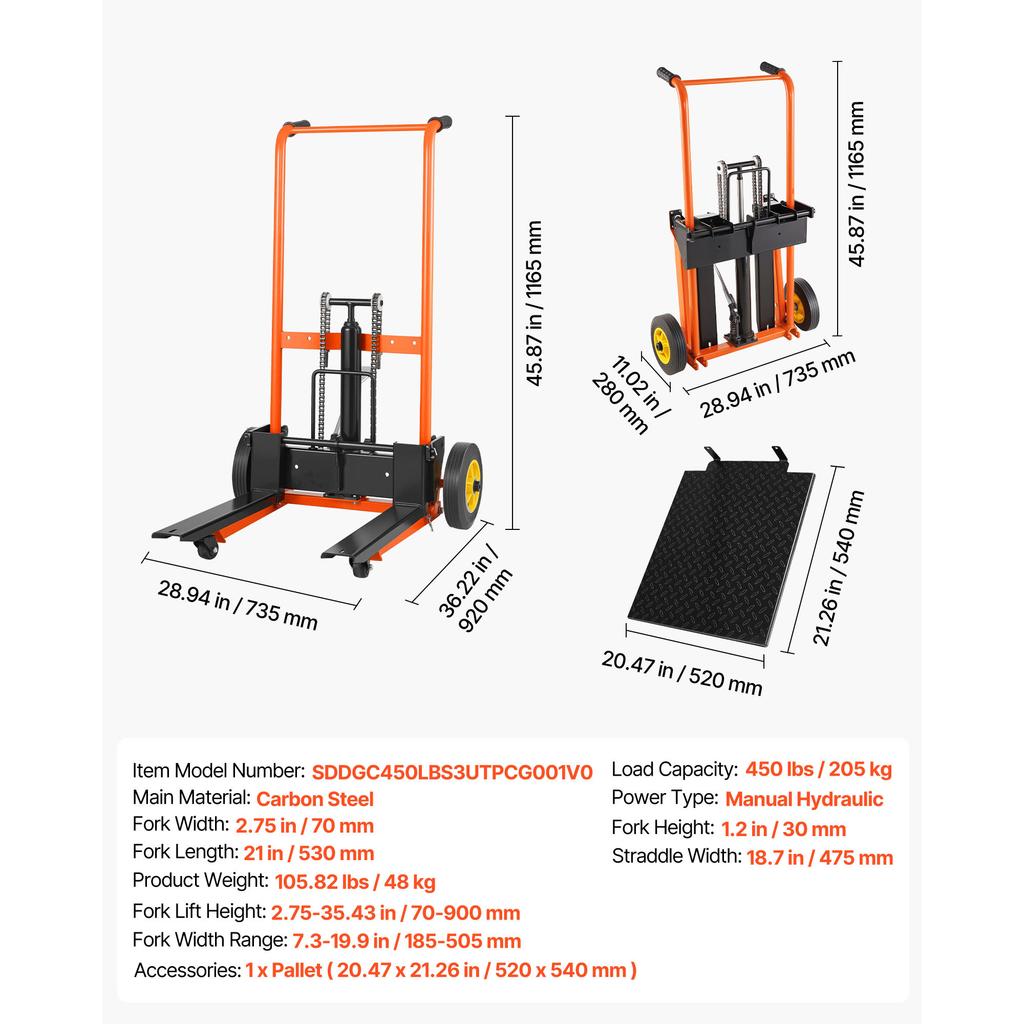 SucceBuy 450Lbs Hydraulic Material Lift Winch Stacker with Fork Lift Table 35in/40in Max Lifting Height Pallet Truck Dolly