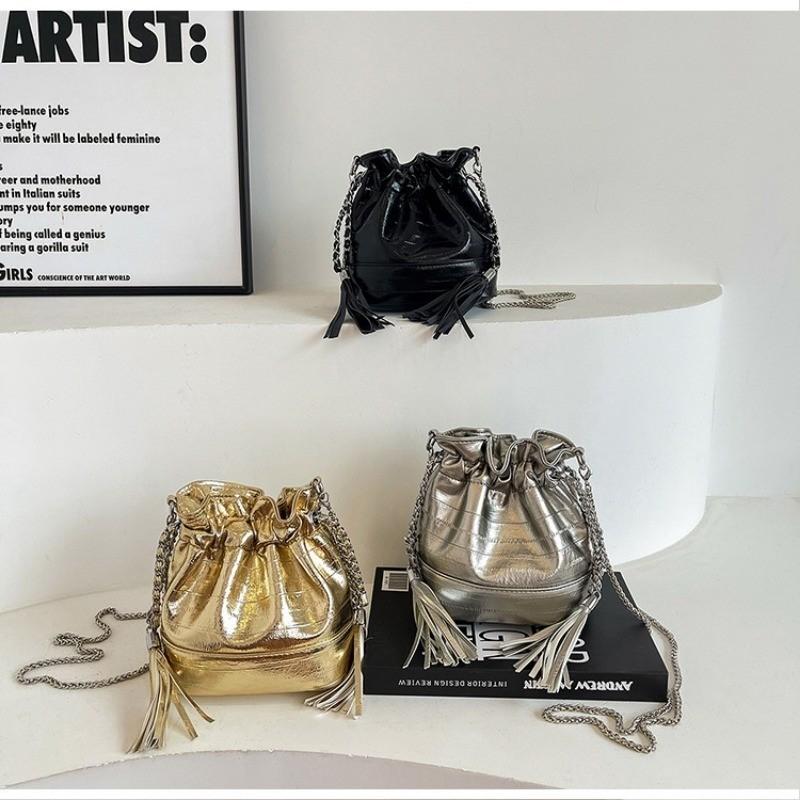 IELGY Damska srebrna modna torebka typu bucket z paskiem na łańcuszku i szufladą
