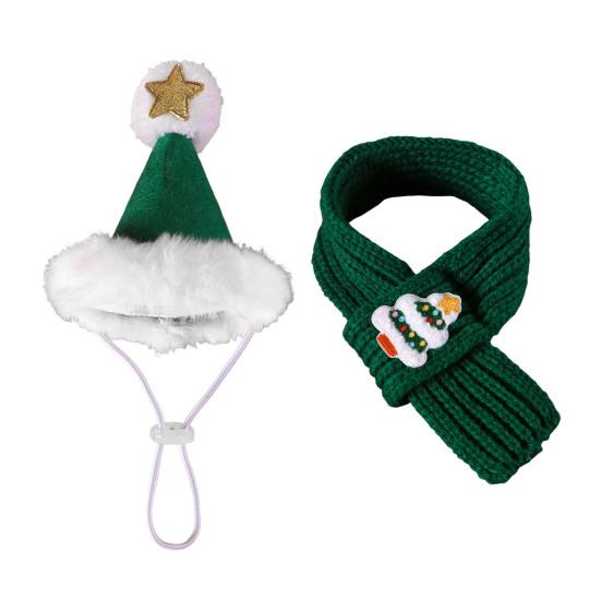 

2Pcs/Set Pet Christmas Hat And Scarf Adjustable Hat with White Pompom Knitted Cat Scarf S Christmas Tree