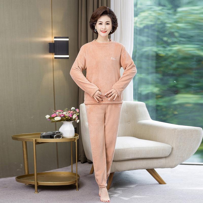 

Женский комплект из 2 предметов из кораллового бархата, осенние и зимние модели, утепленная теплая пижама с длинным рукавом, длинные брюки, большой размер, домашняя одежда для мам L персиковый