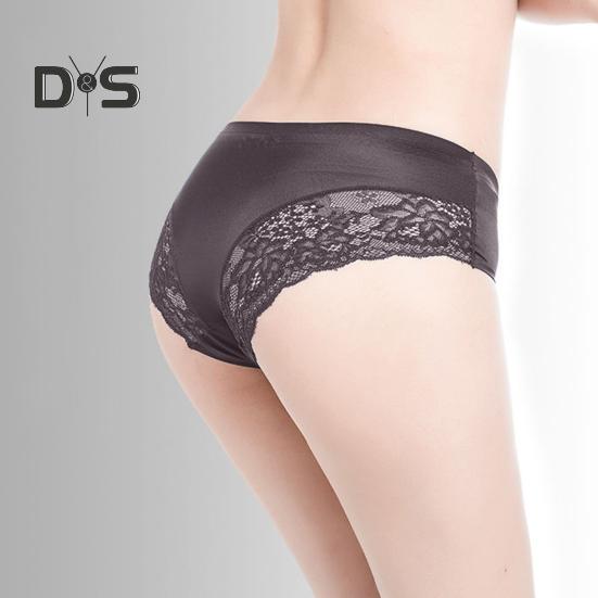 Women Solid Color Mid Rise Briefs See Through Embroidery Lace Stitching Ice Silk Seamless Panties Underwear