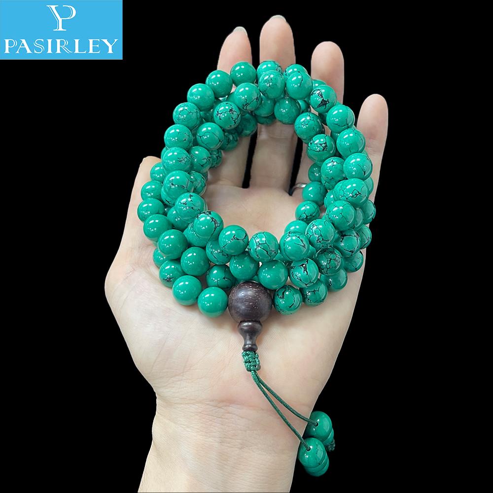 LANGYUE Handcrafted 10mm Synthetic Turquoise Heart-Shaped Buddha Beads 108 Beads Bracelet-Trendy Party Meditation Tassel