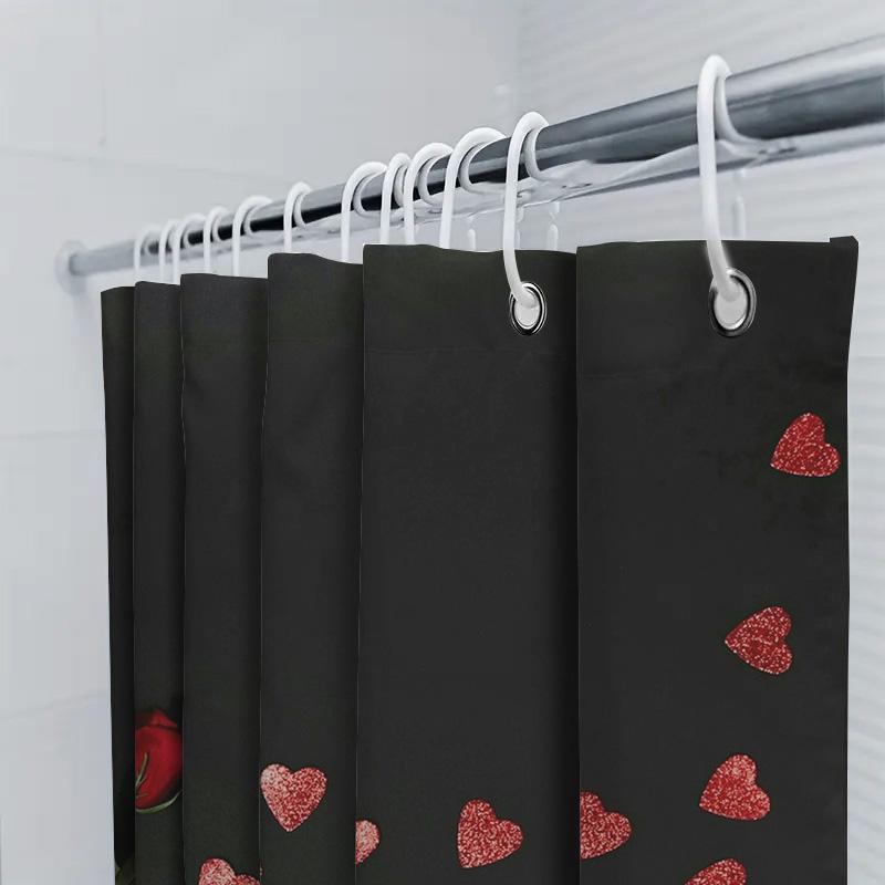3D Red Rose and Hearts Shower Curtain | Romantic Black Background Bathroom Decor