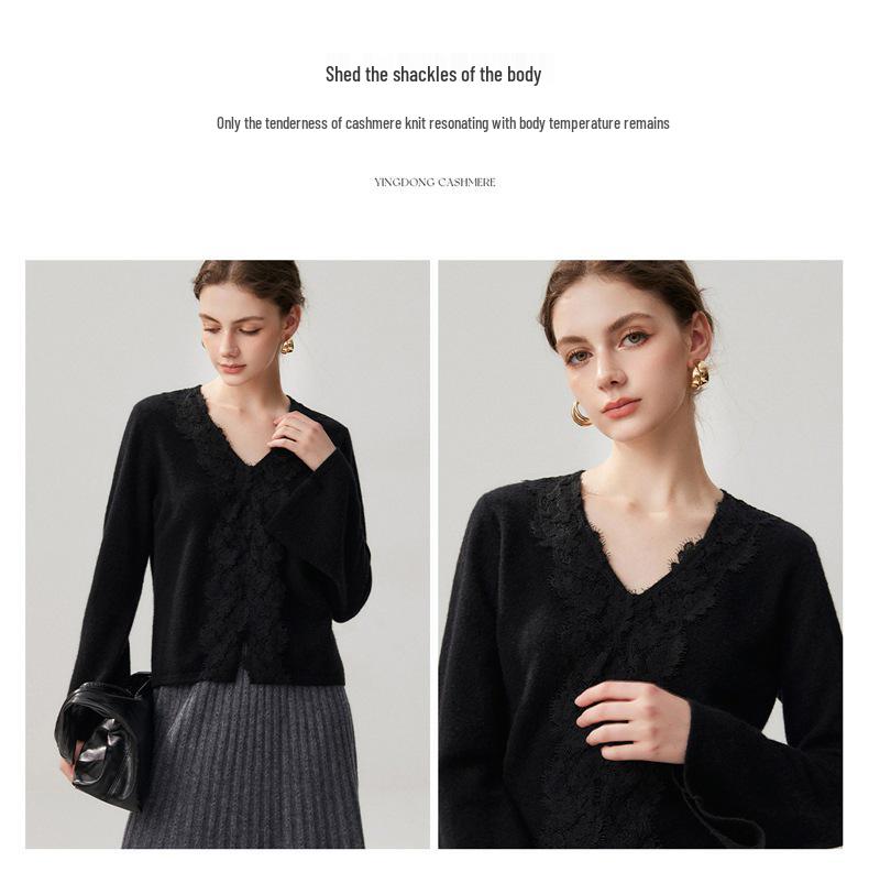 Women's V-Neck Bell Sleeve Cashmere Cardigan - Handmade Crochet Lace, Single-Breasted, Warm Autumn/Winter Layer