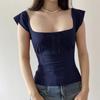Women Red Square Neck Lace Trim Bow Detail Short Sleeve Slim Fit Casual Blouse