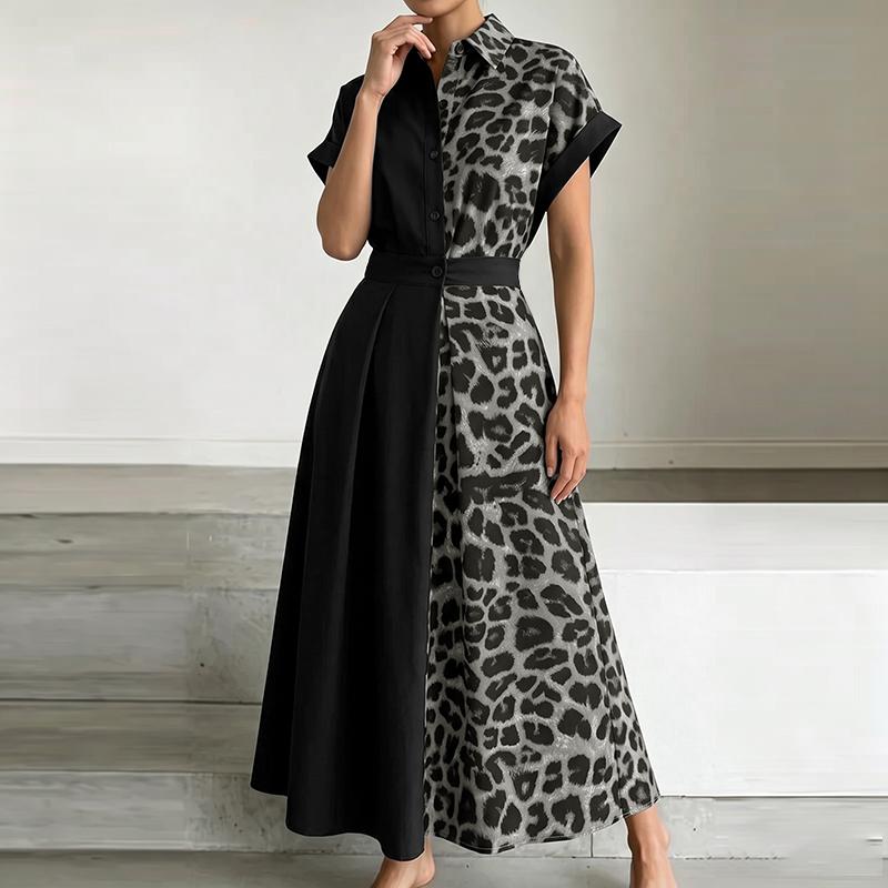 ZANZEA Women Casual Turn Down Collar Loose Short Sleeve Leopard Patchwork Long Dress