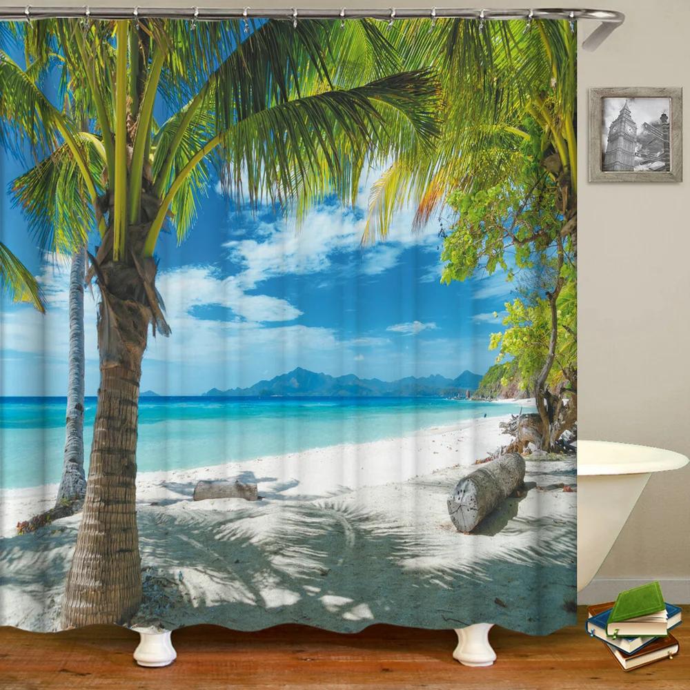 Seaside Scenic Beach Shells Shower Curtains Bathroom Curtain Frabic Waterproof Polyester Bath Curtains for Bathroom 180x180cm