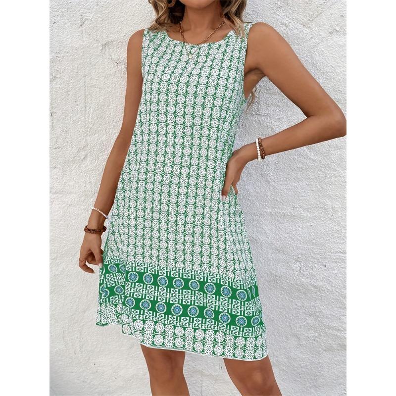 2026 Summer Women's Knee Length Short Dress Bohemian Vintage Printed Round Neck Dress Casual Comfortable Beach Sleeveless Dresse