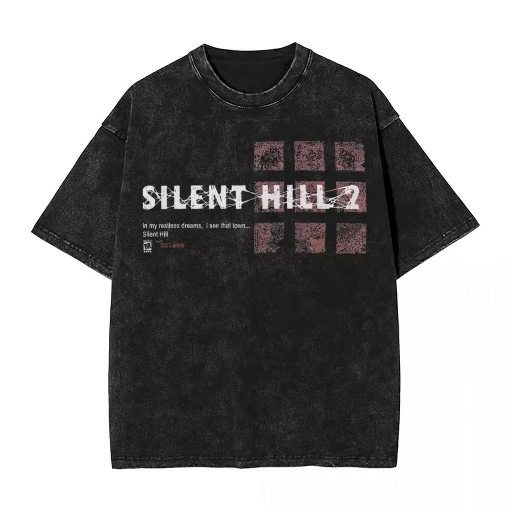 Horror Silent Hill Heavens Night Hip Hop Washed Print T-shirt Men Streetwear Patterned Printed Short-sleeved T-shirt
