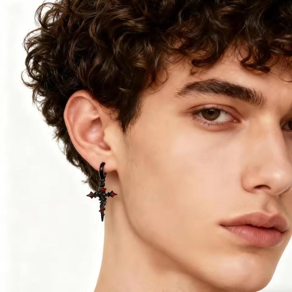 Hoop Gothic Cross Earrings with Thorn Rose Drop, Punk Rock Metal Ear for Men Women, Unisex Vintage Jewelry Gift