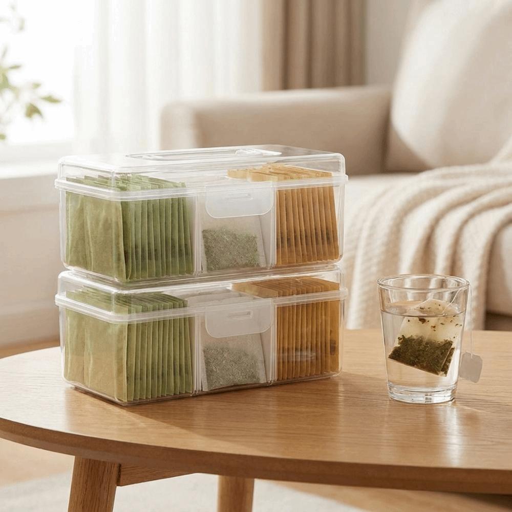 Plastic Tea Bag Storage Box Large Capacity Dust-proof Tea Bag Holder with Removable Dividers Sealed Spice Storage Container