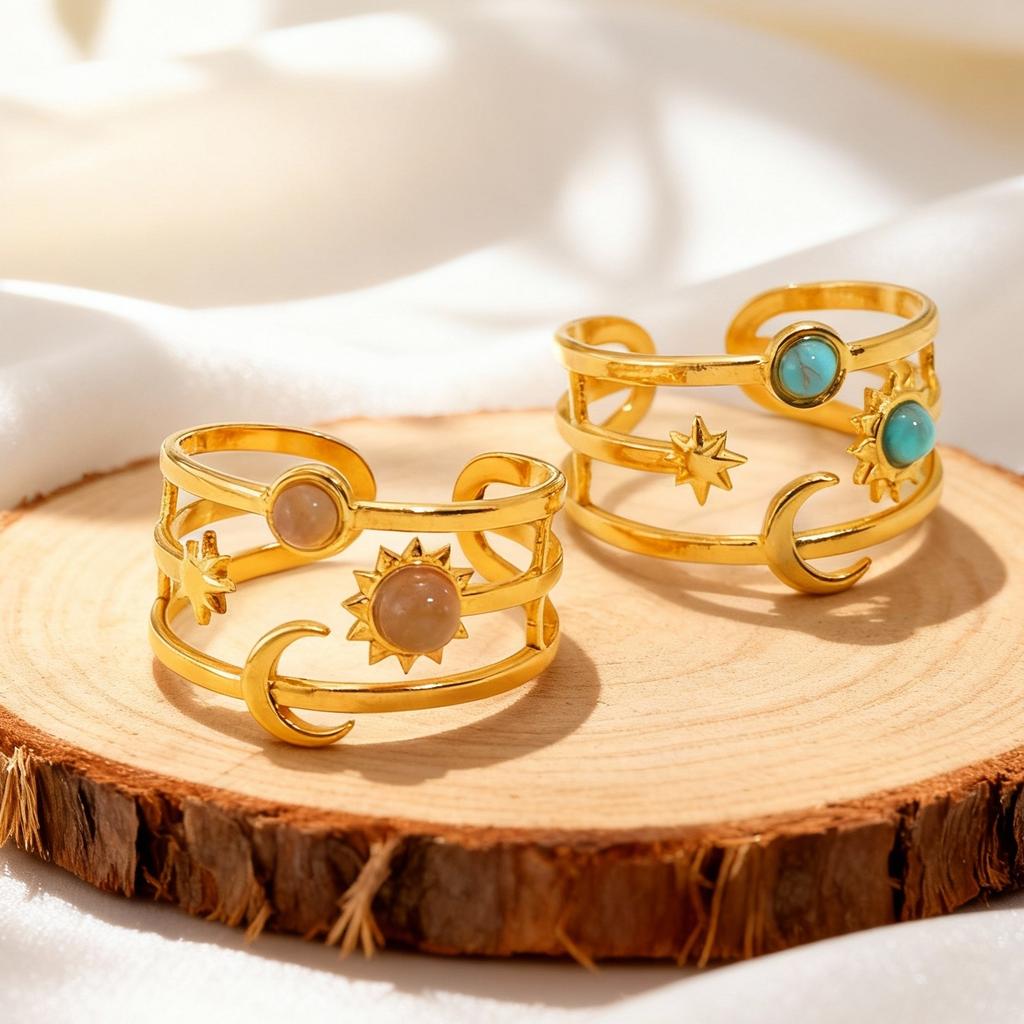 Fashion Charm Turquoise Star And Moon Ring for Women Stainless Steel Three-Layer Opening Rings Wide Finger Jewelry Gift