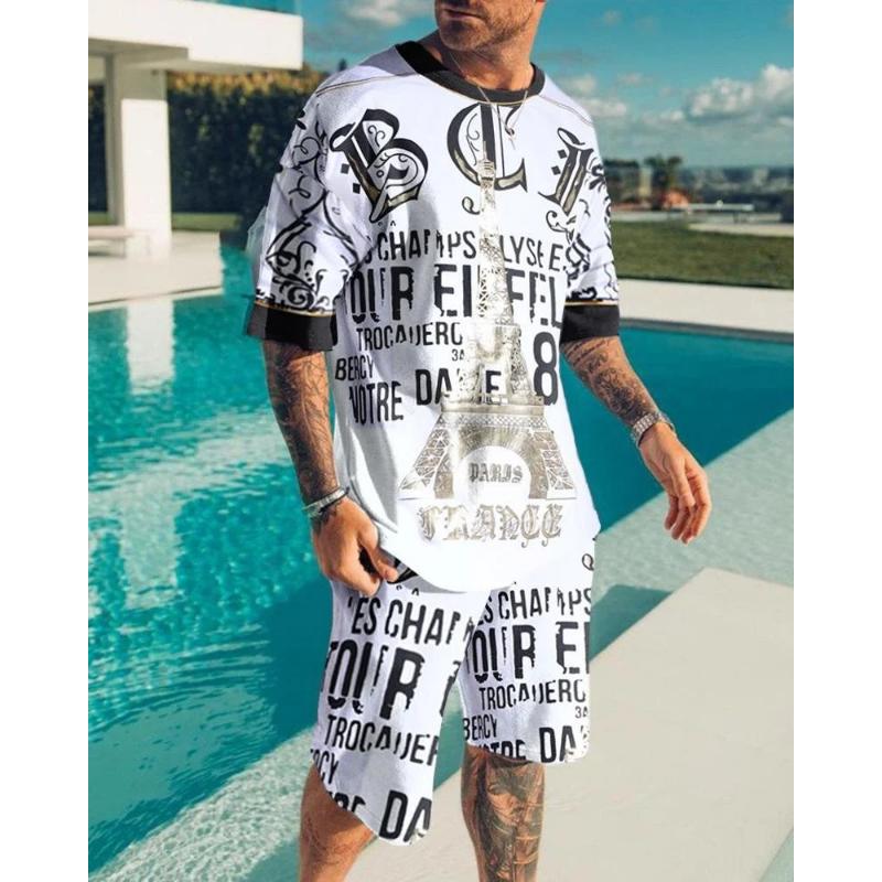 Hawaiian Men's Tracksuit Beach Scenery O-Neck Short Sleeves Shorts 2 Piece Sport Outfit Fashion T-Shirt Men Clothing Casual Suit