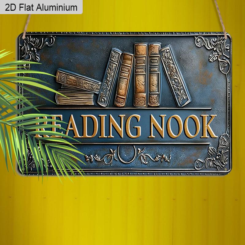 2D Flat 1pc 12"x8" Retro Book Stack Aluminium Wall Art with "READING NOOK" Quote - Vintage Home Library Decor, Classic Book Design, Durable Aluminium