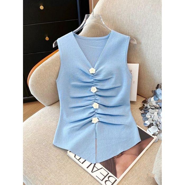 

Топ без рукавов с V-образным вырезом и трехмерным цветком, короткая летняя блузка для женщин, облегающий топ, подчеркивающий фигуру, милый и сексуальный one size синий